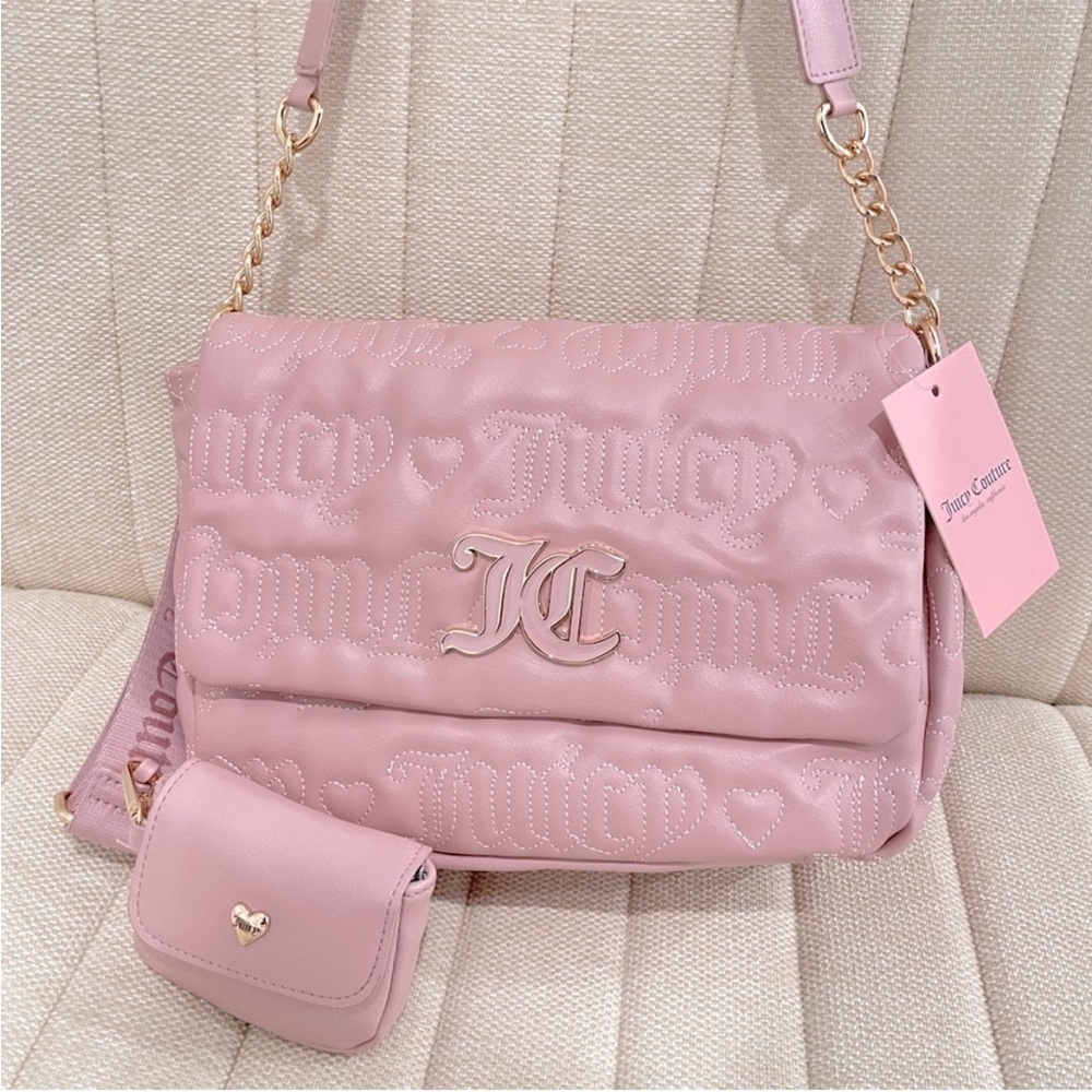 NEW Juicy Couture Pink Quilted Crossbody Bag with Coin Purse Embossed Logo Heart